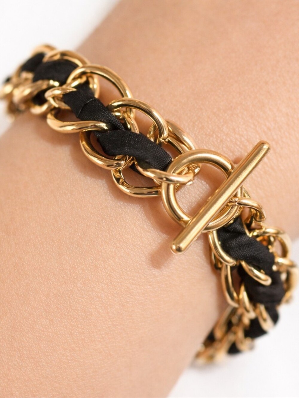 Elegant Black and Gold tone Chain 7" Bangle Bracelet - Women's Fashion Jewelry